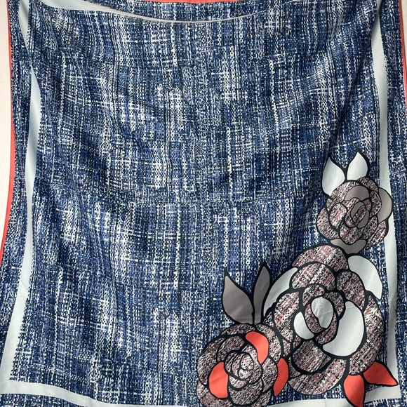 100% Silk Oversized Denim-Like Pattern w/ Flower Scarf -Blues, Grays & Coral - Picture 2 of 4